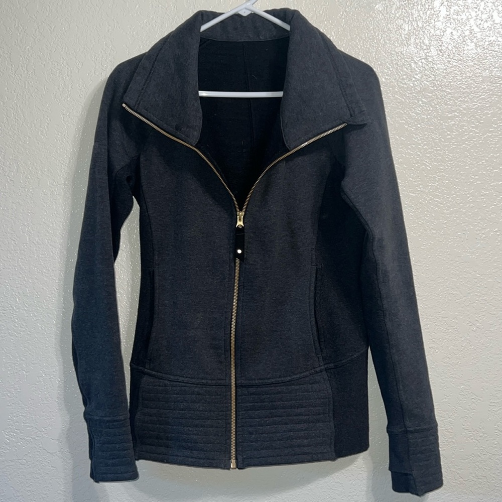 Lululemon Grey Sweater Jacket with Gold Hardware, Thumb Holes, Size 6